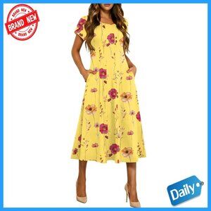 Summer Midi Dress Casual A-Line Pleated Flare Sundress Short Sleeve